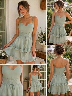 Francesca's Sage Green Lace-Up Ruffle Mini Dress XS Cottagecore